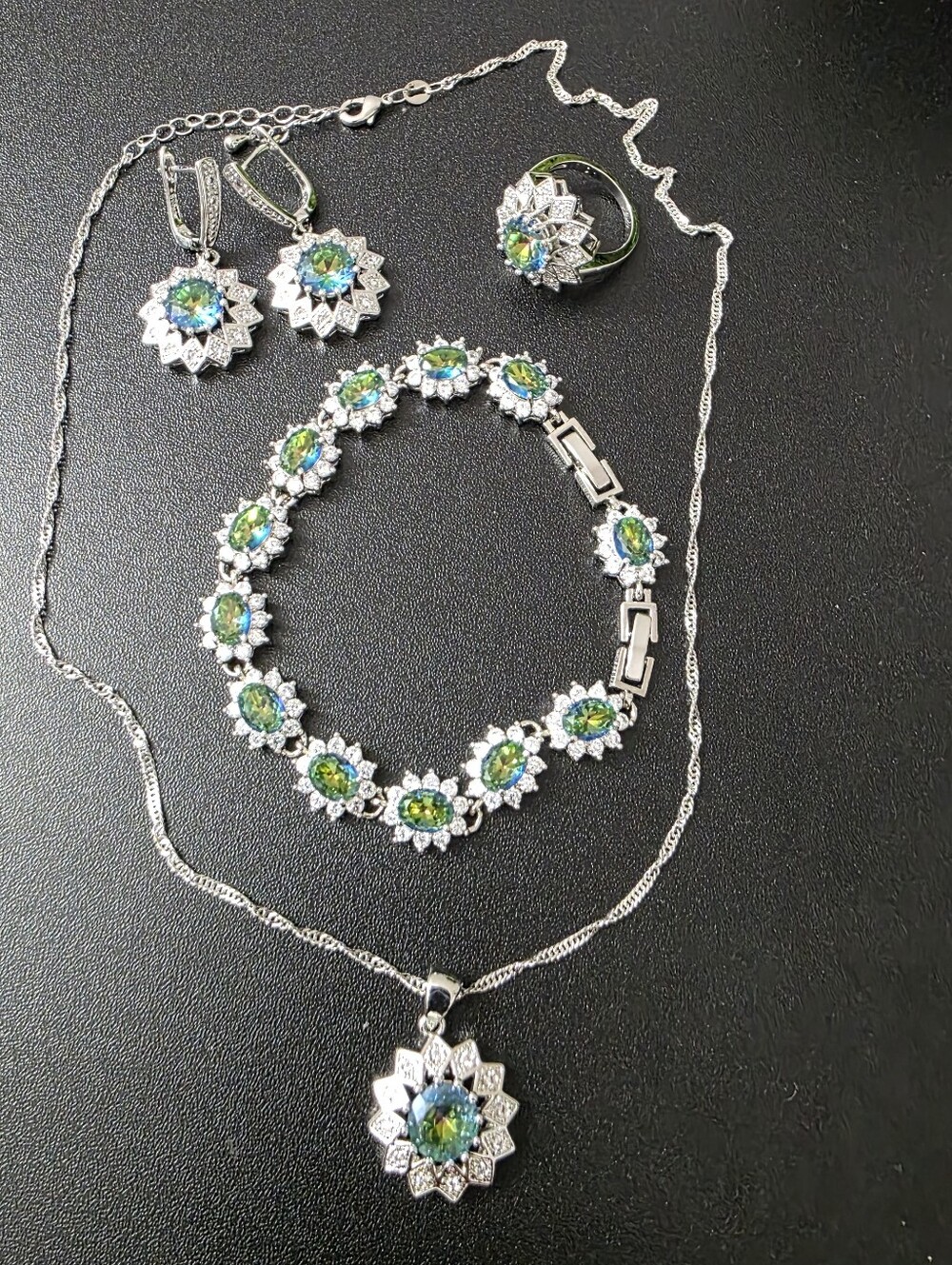 Watch Video / Sterling Silver 925 Green Mystic Peridot Necklace, earrings ring